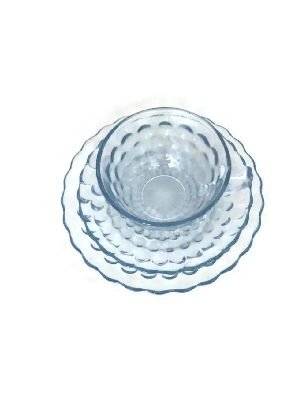 Vintage Anchor Hocking Pale Blue Glassware Set: Bubble Design Tea Cup and Saucer